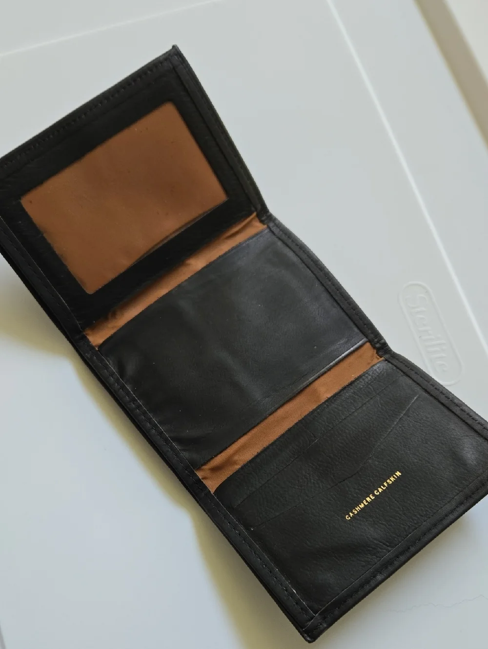 AMITY Cashmere Calfskin Tri-fold Wallet Black EUC.  (BIN 005)